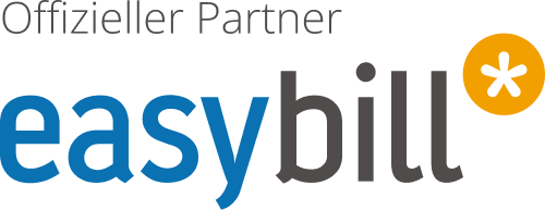 Easybill Logo: „Offizieller Partner“ in Grau, „Easy“ Blau, „bill“ Dunkelgrau mit orangem Asterisk.