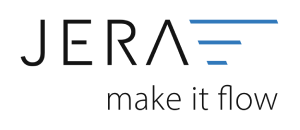 JERA-Logo: Fettgedrucktes schwarzes „JERA“ mit einer blauen Linie, die an einen Flügel erinnert. Slogan: „Make it flow“ symbolisiert nahtlosen Erfolg.