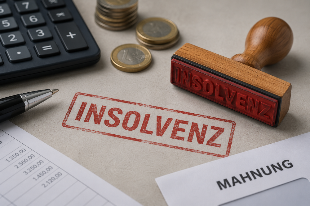 Insolvenzstempel neben Mahnung, Taschenrechner und MĂĽnzen als Symbol fĂĽr finanzielle Zahlungsprobleme und Insolvenzgefahr