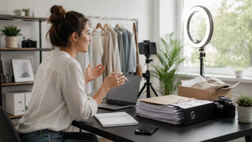 Content Creatorin bei der Videoaufnahme mit Smartphone, Ringlicht, Laptop und Steuerunterlagen am Arbeitsplatz.