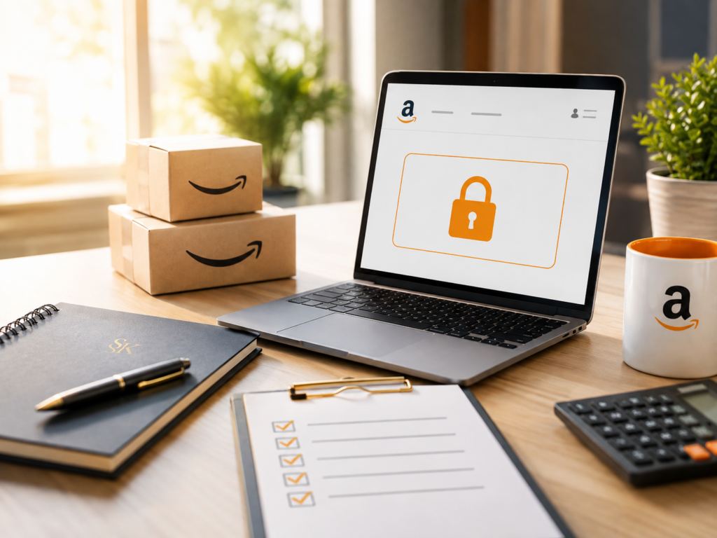 Heller Schreibtisch mit Laptop, Amazon-Paketen, Unterlagen und Klemmbrett als Symbol für ein gesperrtes Amazon-Seller-Konto und die steuerlichen Folgen für Seller.