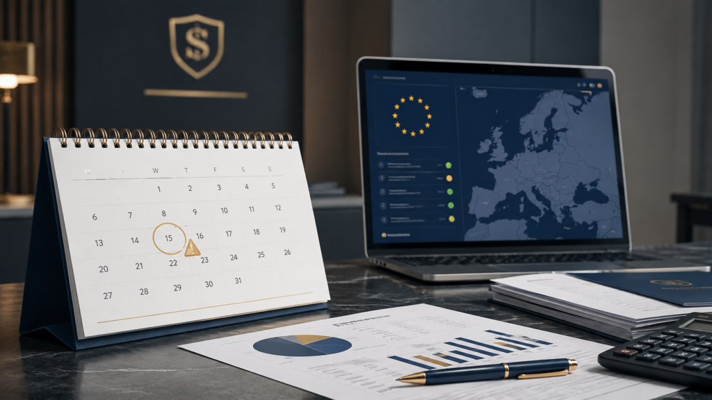 Kalender mit markierter Frist, OSS-Dashboard auf Laptop und Auswertungen zur nachträglichen OSS-Meldung