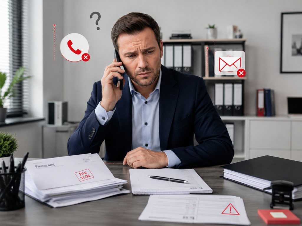 Mann im Büro telefoniert besorgt wegen ausbleibender Rückmeldung seines Steuerberaters, umgeben von Fristsachen, Finanzamt-Unterlagen sowie Symbolen für unbeantwortete Anrufe und E-Mails.