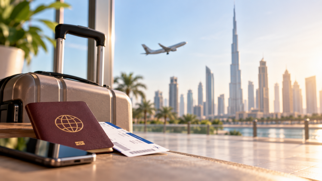 Koffer und Reisepass vor der Skyline von Dubai als Symbol fĂĽr einen geplanten Wegzug und die damit verbundenen steuerlichen Fragen.