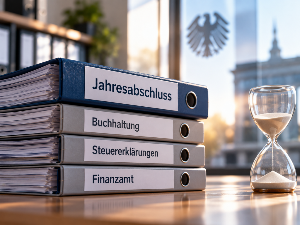 Ordner mit Jahresabschluss und Steuerdokumenten auf dem Tisch und eine Sanduhr