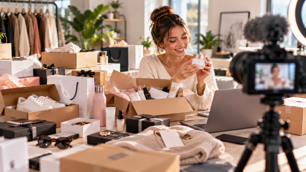 Influencerin präsentiert ein kostenlos erhaltenes Produkt vor der Kamera als Beispiel für steuerlich relevante Sachzuwendungen und PR-Pakete.