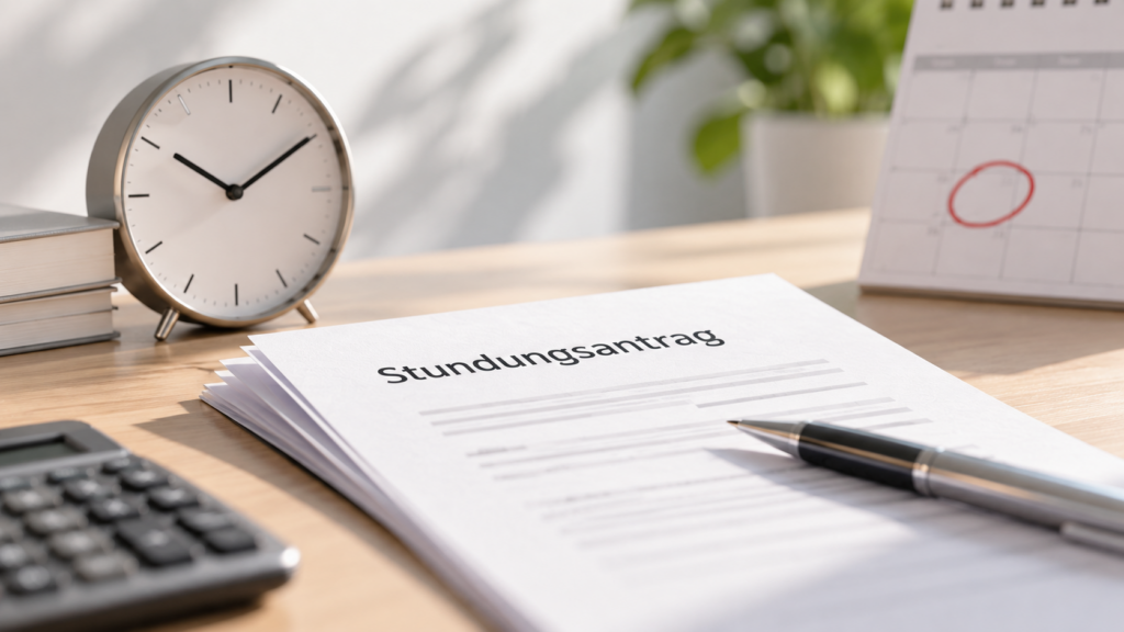 Stundungsantrag beim Finanzamt mit Uhr und Kalender als Symbol fĂĽr Fristen und rechtzeitige Antragstellung.